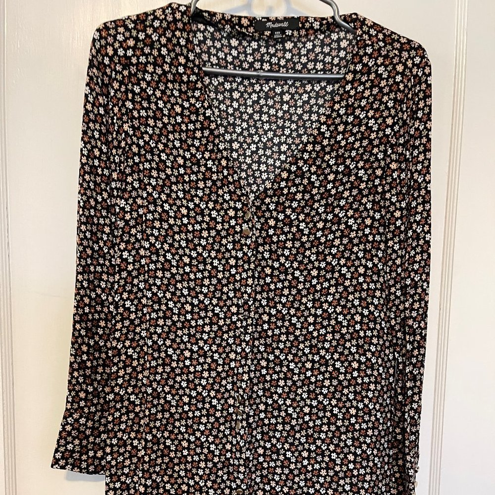 Madewell Long Sleeved V-neck Floral Drop Waist Mini Dress with Gold Buttons
